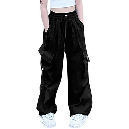 

HNMKIU Girls Toddler Clothes 2t Cargo Pants For Girls Casual High Waisted Drawstring Loose Fit Pockets Kid Cargo Sweatpants Black 13-14 Years