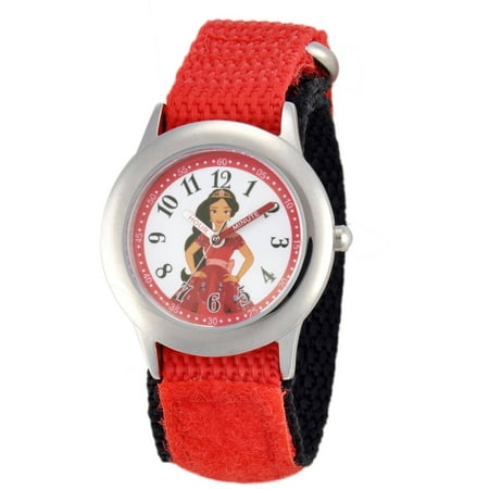 Disney Elena of Avalor, Elena Girls' Stainless Steel Time Teacher Watch, Red Hook and Loop Nylon Strap with Black Backing