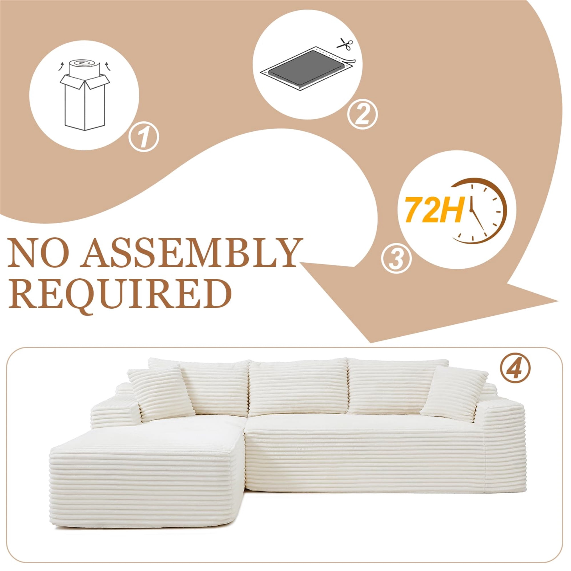 Aukfa 105" Cloud Sectional Sofa Boneless Couch Modular Sofa Bed for Living Room, 2Pillows, Left Chiase, Corduroy, Beige
