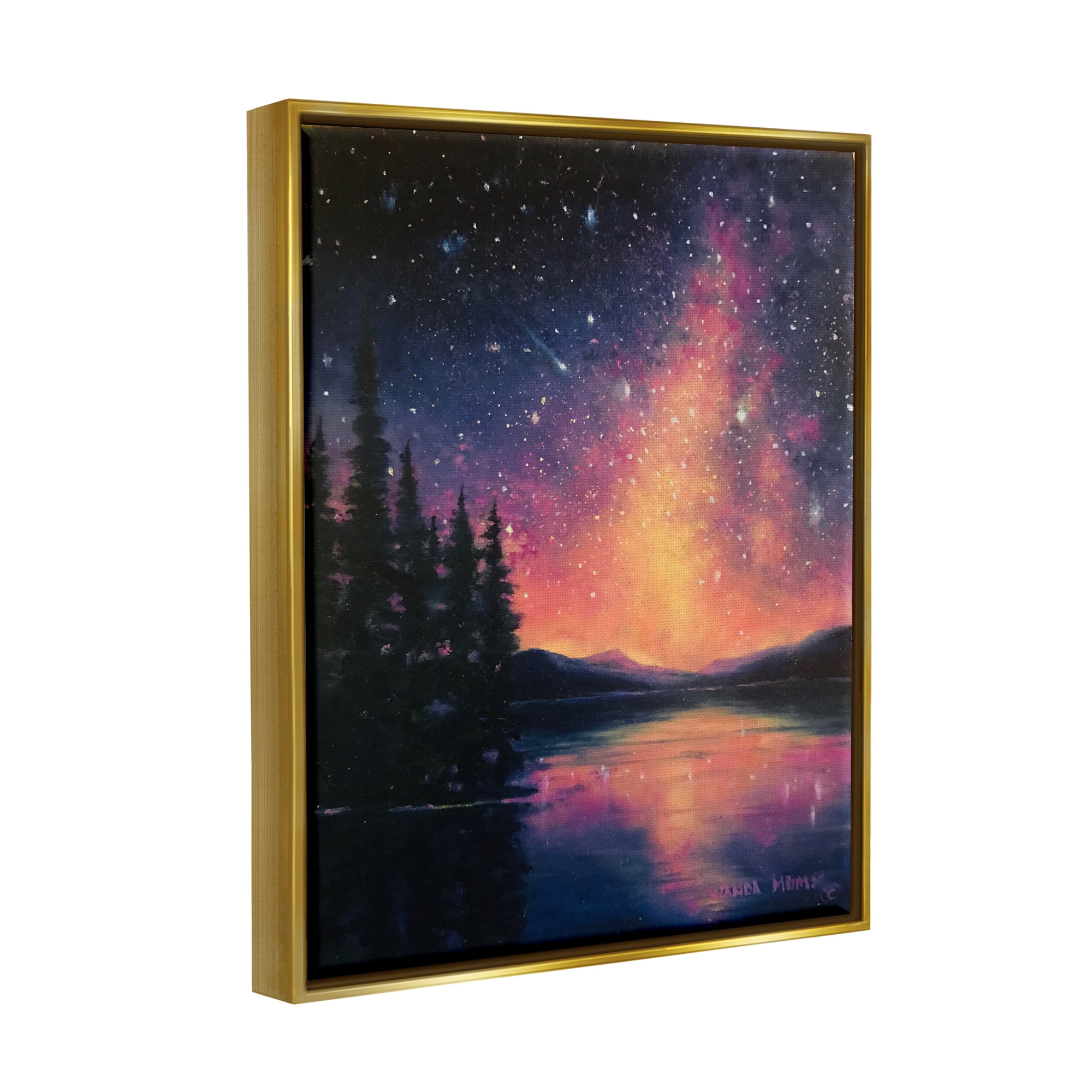 Stupell Industries Starry Night Over Lake Nature Painting Gold Floater Framed Art Print Wall Art, 17 x 21