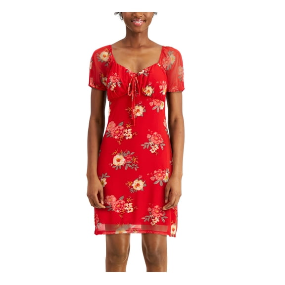 PLANET GOLD Womens Orange Tie Front Floral Short Sleeve Above The Knee Fit   Flare Dress Juniors S