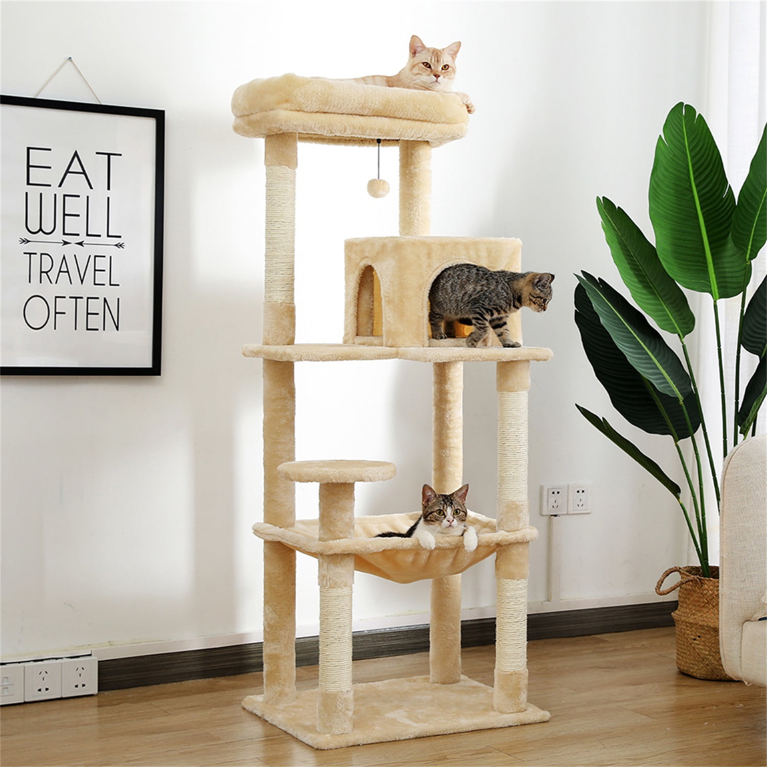 Pefilos Cat Tree Tower for Indoor Multi-Level Cat House Hammock and Condo, Beige Pefilos Cat Tree Tower for Indoor Multi-Level Cat House Hammock and Condo, Beige