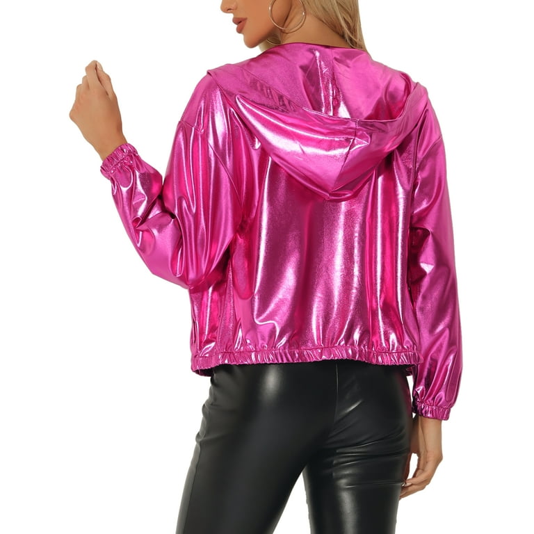 Unique Bargains Women s Holographic Hooded Shiny Long Sleeve Zipper Metallic Jacket S Hot Pink Walmart