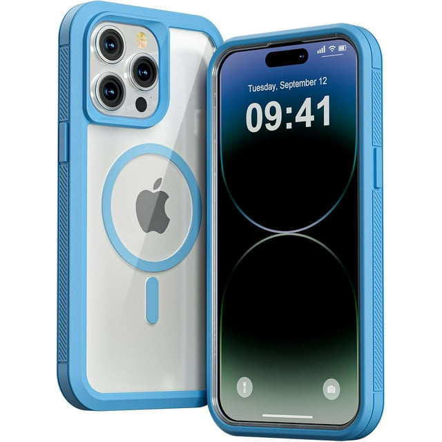 for iPhone 15 Pro Max Case,Compatible with MagSafe,Heavy Duty Shockproof Protection Phone Cases,Double Layer Transparent Magnetic Protective Cover for iPhone 15 Pro Max, 6.7 inch, Sky Blue
