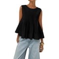 thumbnail image 1 of Blusa Plisada Sin Mangas con Peplum de Verano para Mujer, Estilo Babydoll Y2K con Cuello Redondo. Negro S, 1 of 9