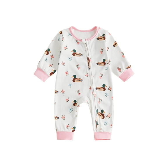 RUINIXCW Newborn Baby Girl Hospital Going Home Outfit Infant Baby Girl Spring Fall Winter Clothes Duck Mallard Romper Waffled Long Sleeve Zip Jumpsuit