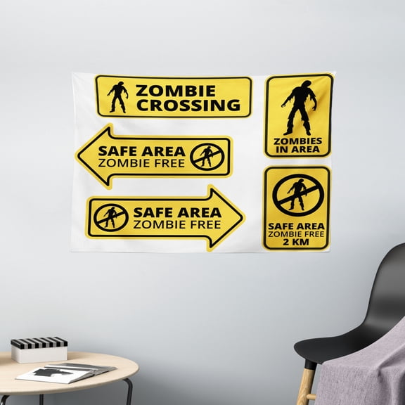 Zombie Decor Tapestry, Safe Area Zombie Free Safe Protection Zone Caution Sign Horror War Design, Wall Hanging for Bedroom Living Room Dorm Decor, 60W X 40L Inches, Yellow Black, by Ambesonne