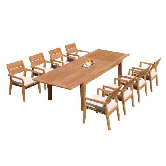 Grade-A Teak Dining Set: 8 Seater 9 Pc: 122" Caranas Rectangle Table And 8 Vellore Stacking Arm Chairs Outdoor Patio WholesaleTeak #51VL2909