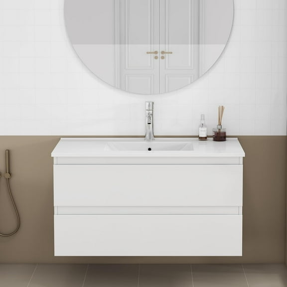 Censi 36″ Bathroom Vanity Cabinet with Ceramic Sink Combo, 2 Drawer with Soft-close Runners, Modern Design, High Glossy White Painted Finish