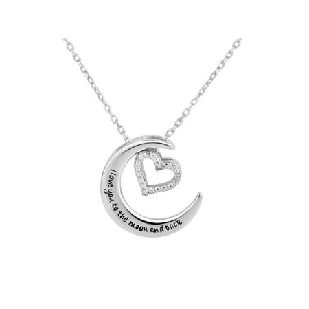 Moon Diamond Necklace Sterling Silver Crescent Moon with Diamond Accent Heart Charm Interchangable Necklace 18 Inch ()