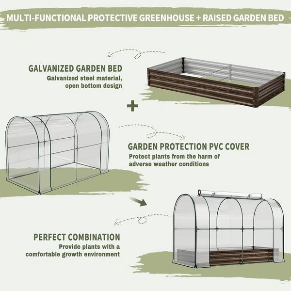SLSY Galvanized Raised Garden Bed with PVC Cover,Metal Planter Bottomless Box w/ Roll-Up Window,Mini Greenhouse Tent for Vegetables Flower Fruit