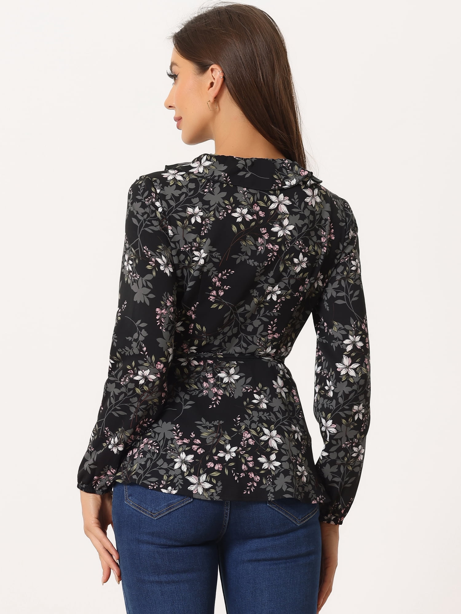 DARING DIVA Women's Wrap Top Ruffle Chiffon Peplum Blouse XS Black-Floral