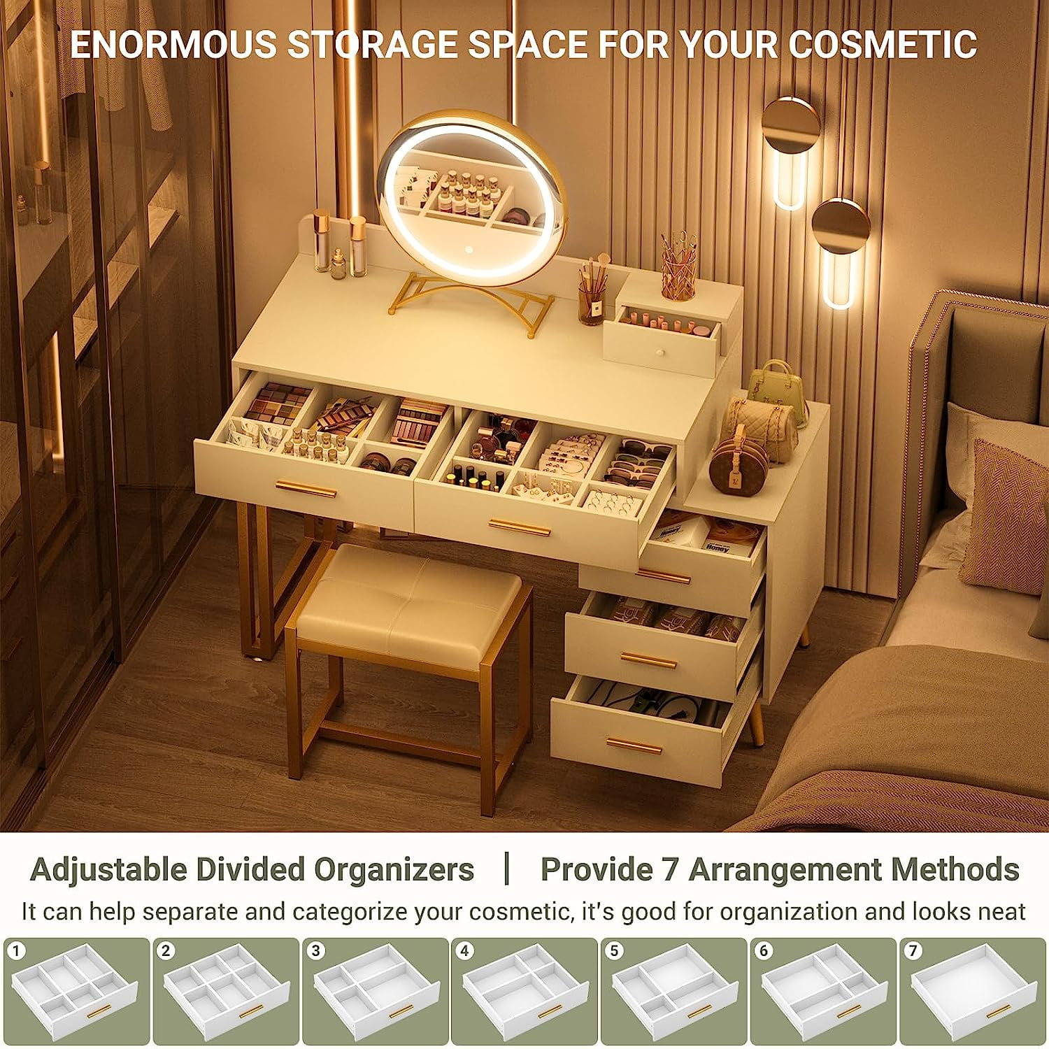 Homieasy White Vanity Desk with Mirror and Lights, Modern Makeup Vanity Table Set with 6 Storage Drawers and Cushioned Stool for Bedroom, Dressing Table with Divided Organizers for Women , White