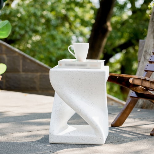 YINYUN Outdoor White Marble Modern Twisted-Base Terrazzo-Speckled All-Weather MGO Side Table – Indoor End Table for Home, Office & Patio Decor