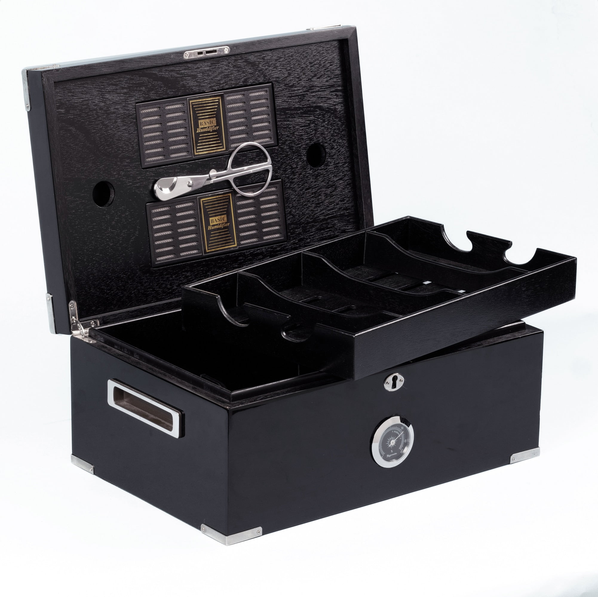 Dakota Desktop Cigar Humidor w/ Scissors - Deep Black Lacquer Finish - Capacity: 120