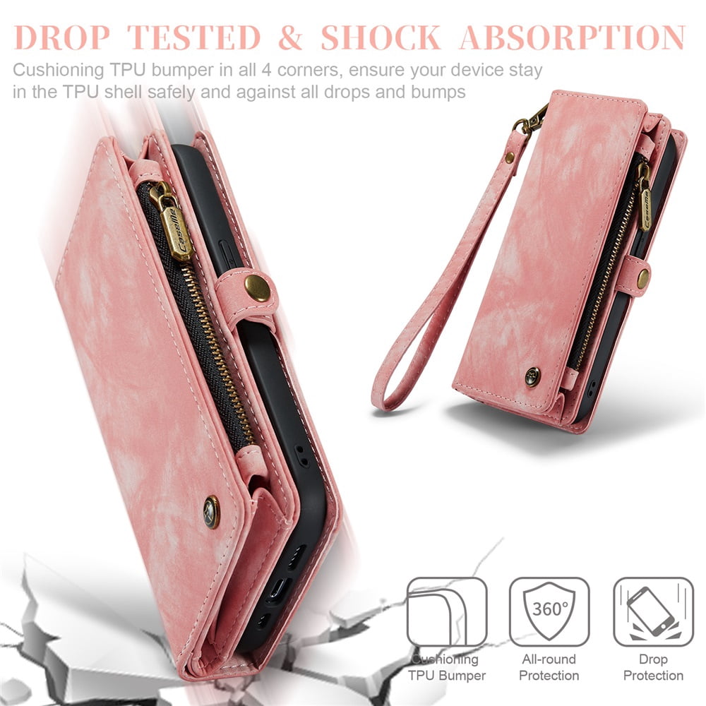 CaseMe Leather Case for iPhone 12 Pro,2 in 1 Detachable Wallet Case with 8-Card Holder Zipper Bills Slot,Magnetic Shockproof Flip Leather Cover Zipper Pocket Phone Cases,Pink,For iPhone 12 Pro