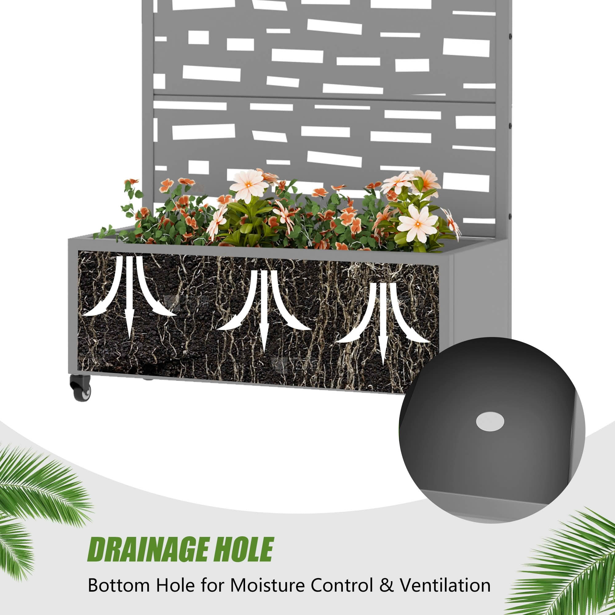 MAYEERTY 72X35" Metal Outdoor Gray Privacy Screen with Planter Box for Backyard & Garden, 5 Piece Set