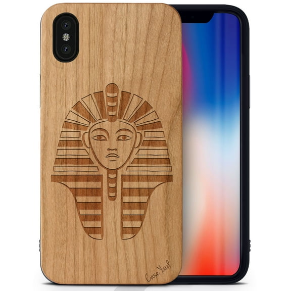 Case Yard Wooden Case Outside Soft TPU Silicone, Slim Fit Shockproof Wood Protective Phone Cover for Girls Boys Men and Women, Supports Wireless Charging Pharaoh Head Design case for iPhone-XS-Max