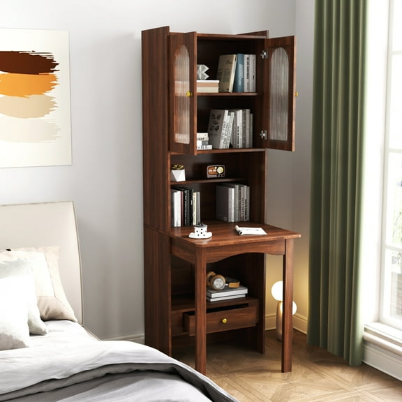 Wall Mounted Fold Out Convertible Desk with a Pull-out Drawer, Multipurpose Foldable Desk with Storage Shelf and Storage Cabient for Home Office, Espresso Brown