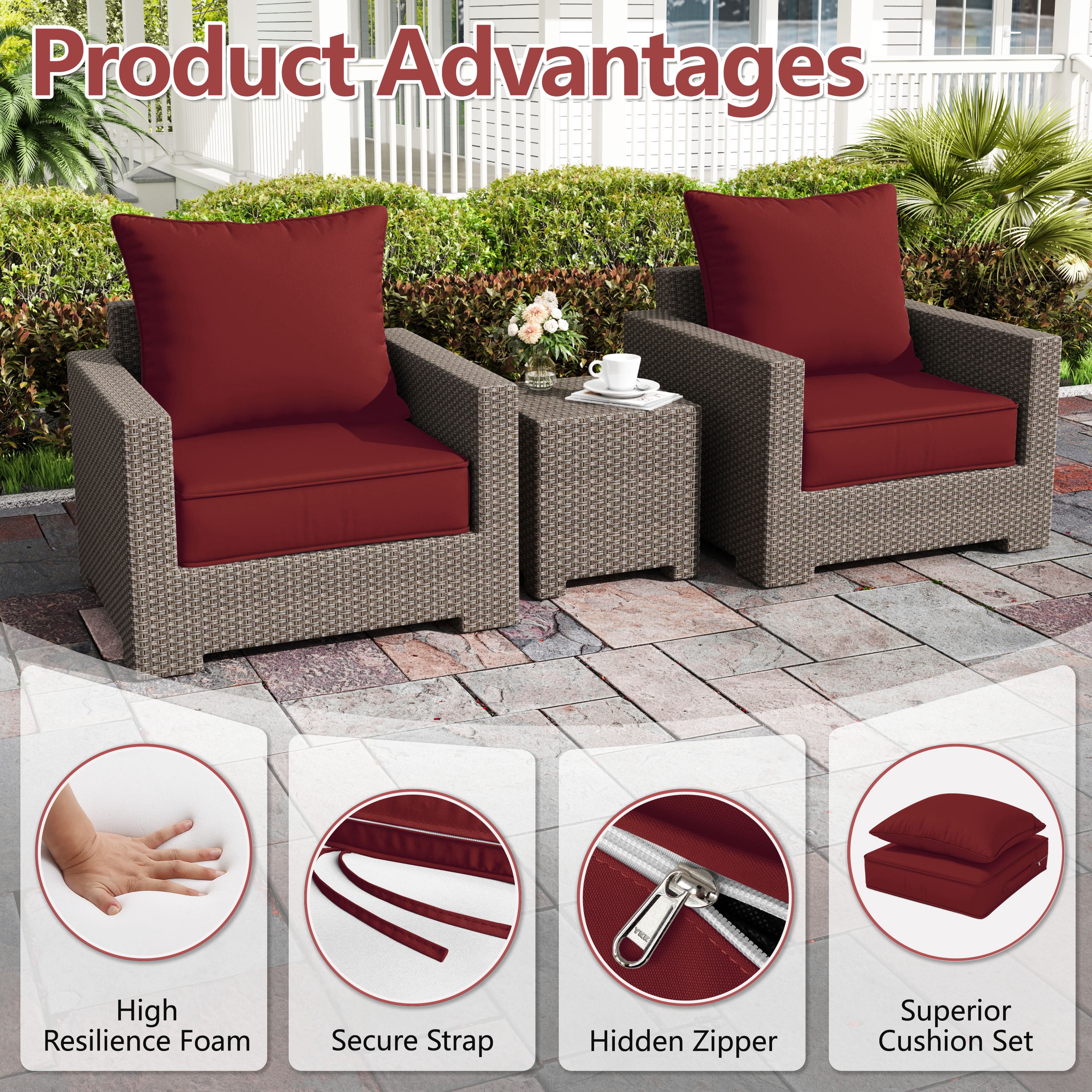 Pakunoda Patio Cushions for Outdoor Furniture 24” X 24” X 5”, Water Resistant Outdoor Deep Seat Cushions, Fade Resistant Replacement Cushions for Outdoor Furniture, Burgundy