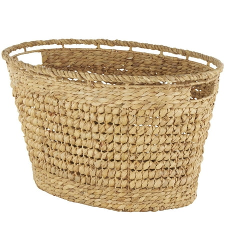 DecMode 30" x 17" Brown Seagrass Handmade Woven Oval Storage Basket with Elevated Rim and Slot Handles, 1-Piece