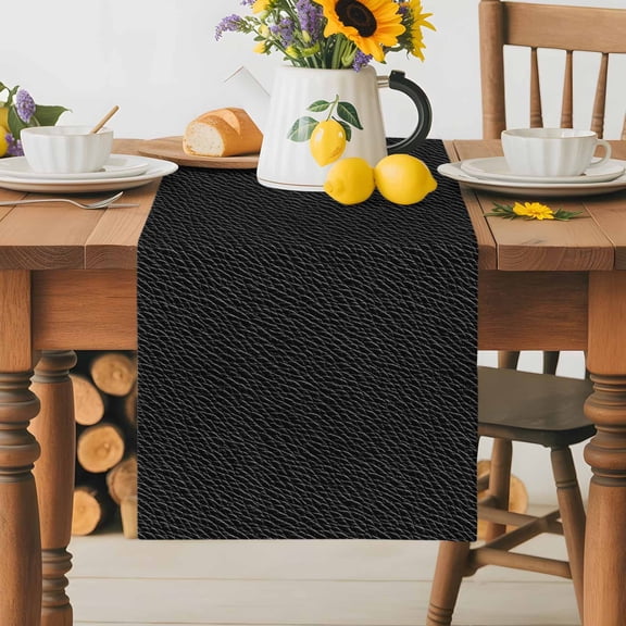 Burlap Table Runner 36 Inches Long,Vintage Solid Black Leather Non-Slip Kitchen Table Runners for Dining Room Everyday Use Party Table Decorations Retro Cowhide Texture