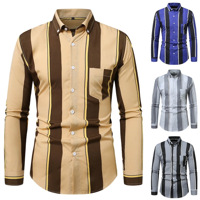 ZCFZJW Men's Casual Long Sleeve Vertical Striped Button Down Dress