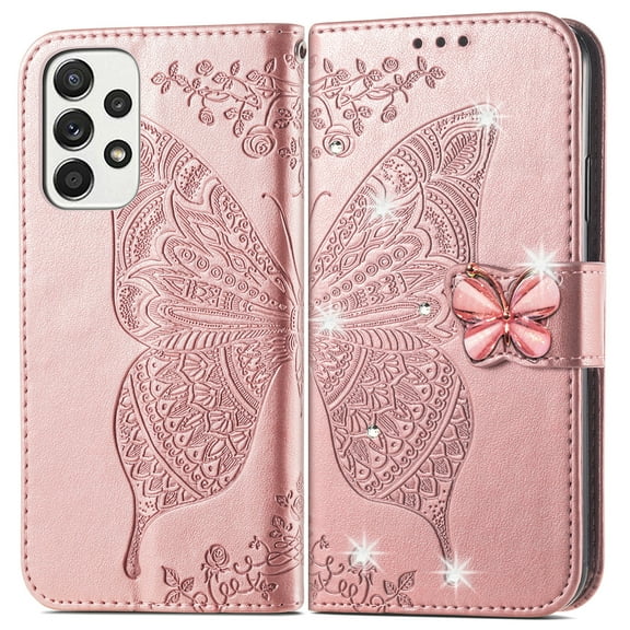 Allytech Galaxy A03s Wallet Case, Bling Diamond Butterfly PU Leather Flip Cards Holder Hand Wrist Wallet Cover Case for Samsung Galaxy A03s 6.5" - Rosegold