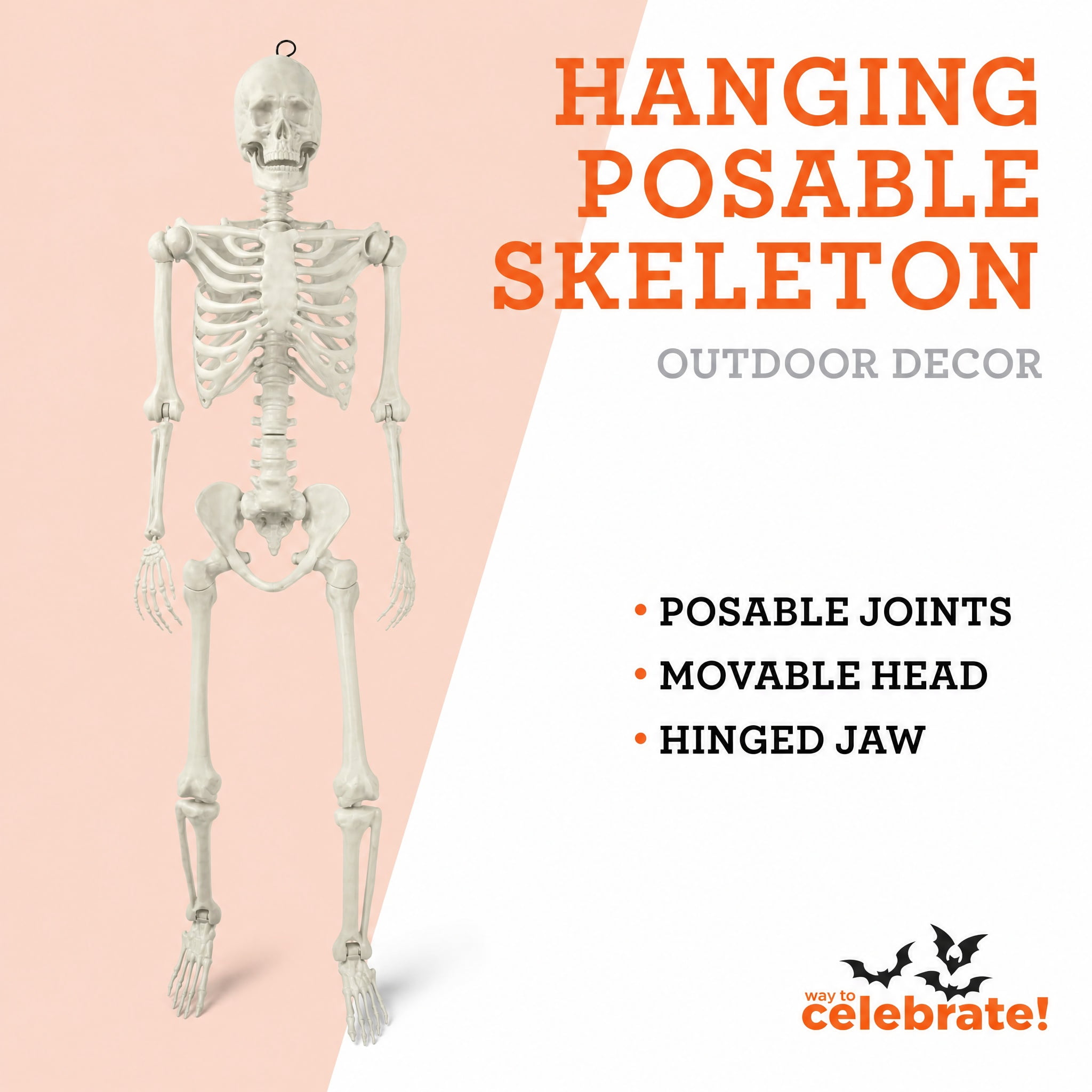 Hanging Posable Skeleton Decoration, White, 5', Halloween by Way To Celebrate