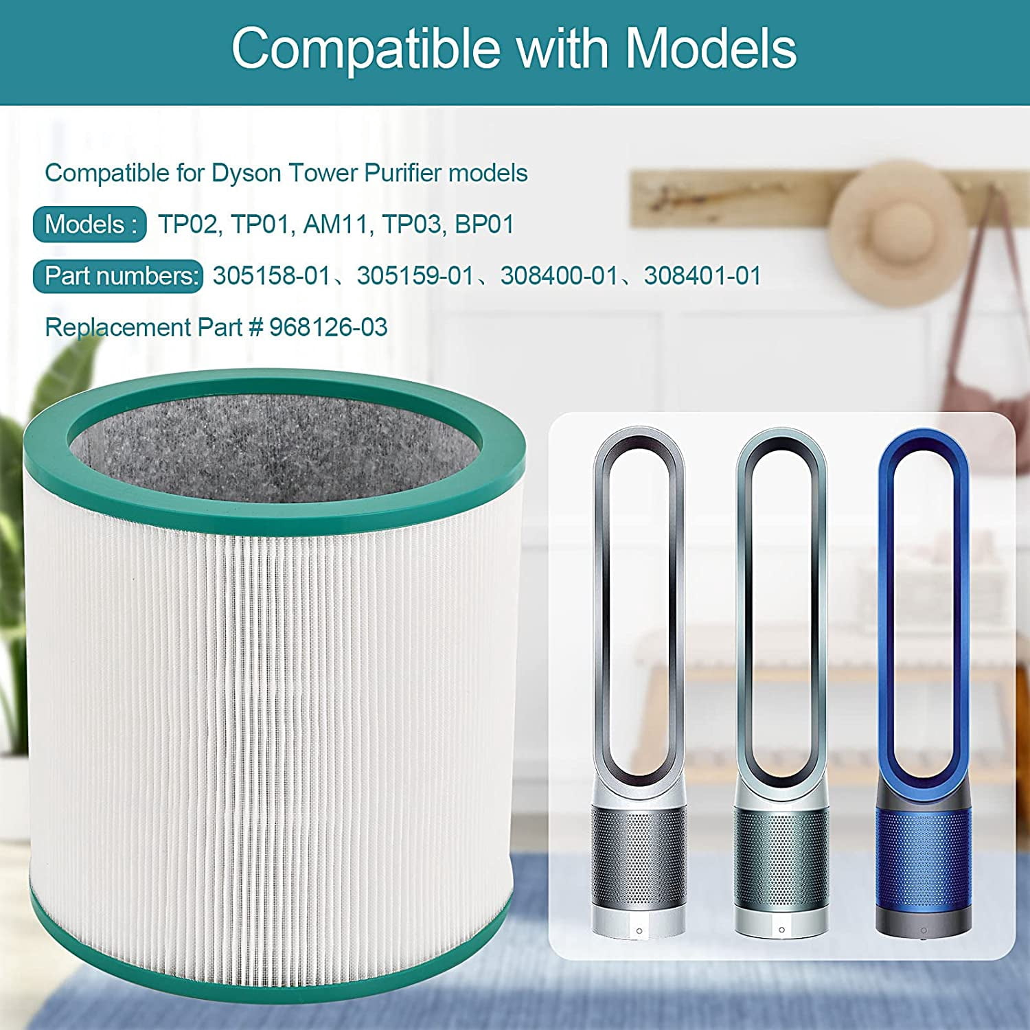 2 Pack Dyson TP02 Air Purifier True HEPA Filters Replacement for Dyson Pure Cool Link TP01, TP02, TP03, AM11, BP01 Tower Air Purifier, Compare to Part # 968126-03 TP02 Air Purifier True Filters