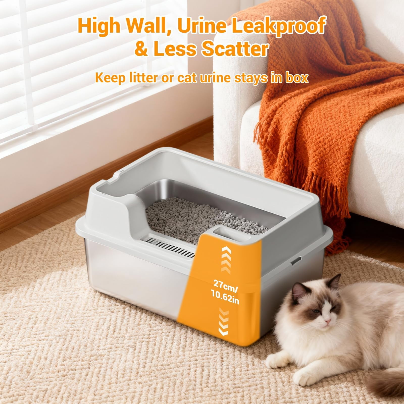 Enclosed Stainless Steel Cat Litter Box with Lid, XL Extra Large Litter Box for Big Cats, Metal Litter Pan High Sided, Never Absorbs Odors, Anti-Urine Leakage, Easy Cleaning, Include Scoop