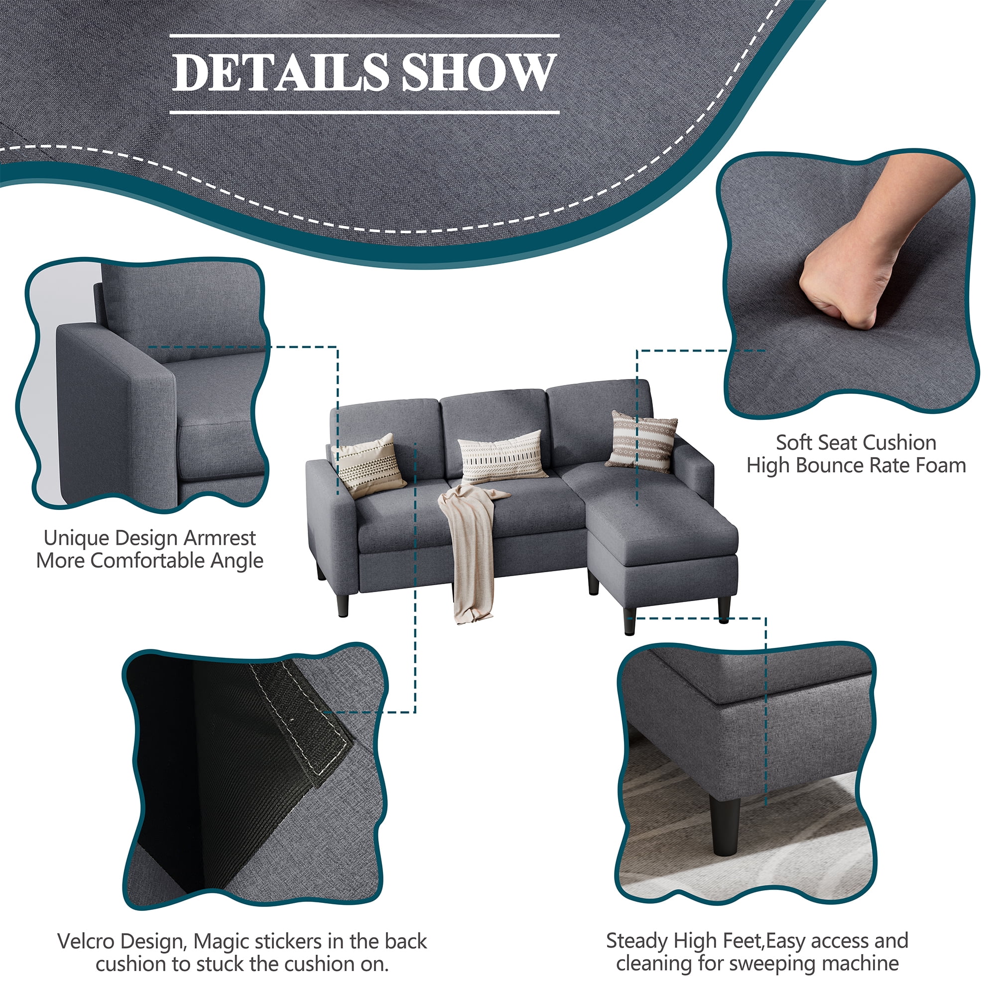 Walsunny 73.6" Convertible Sectional Sofa Couch, L-Shaped 3-Seat Sofa Couch with Reversible Chaise for Small Space,Dark Gray