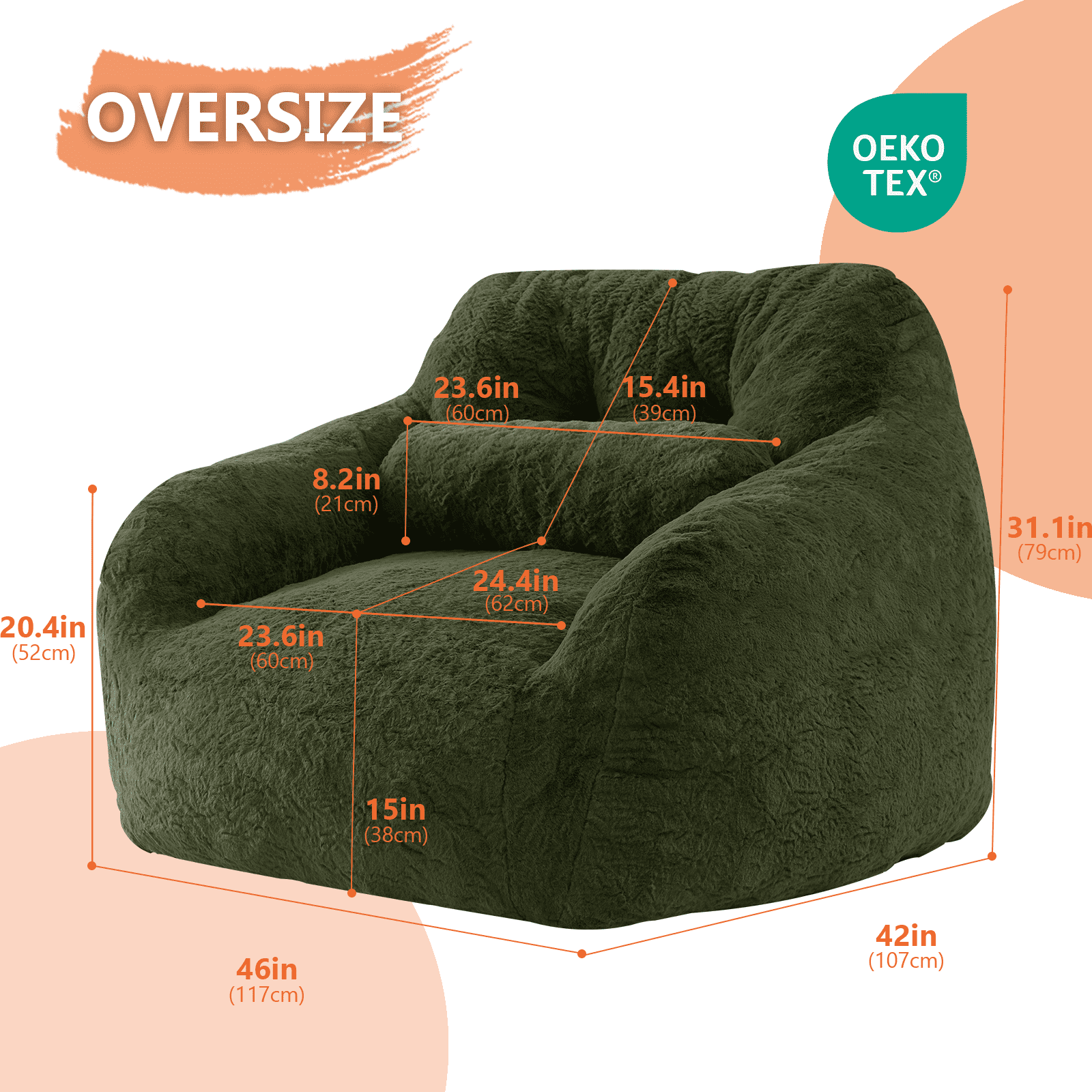 Ebenchico 3.8ft Oversized Bean Bag Chair for Adults Teens Kids, Beanbag Chairs with Pillow, Reading Gaming Relaxing Chair, Green