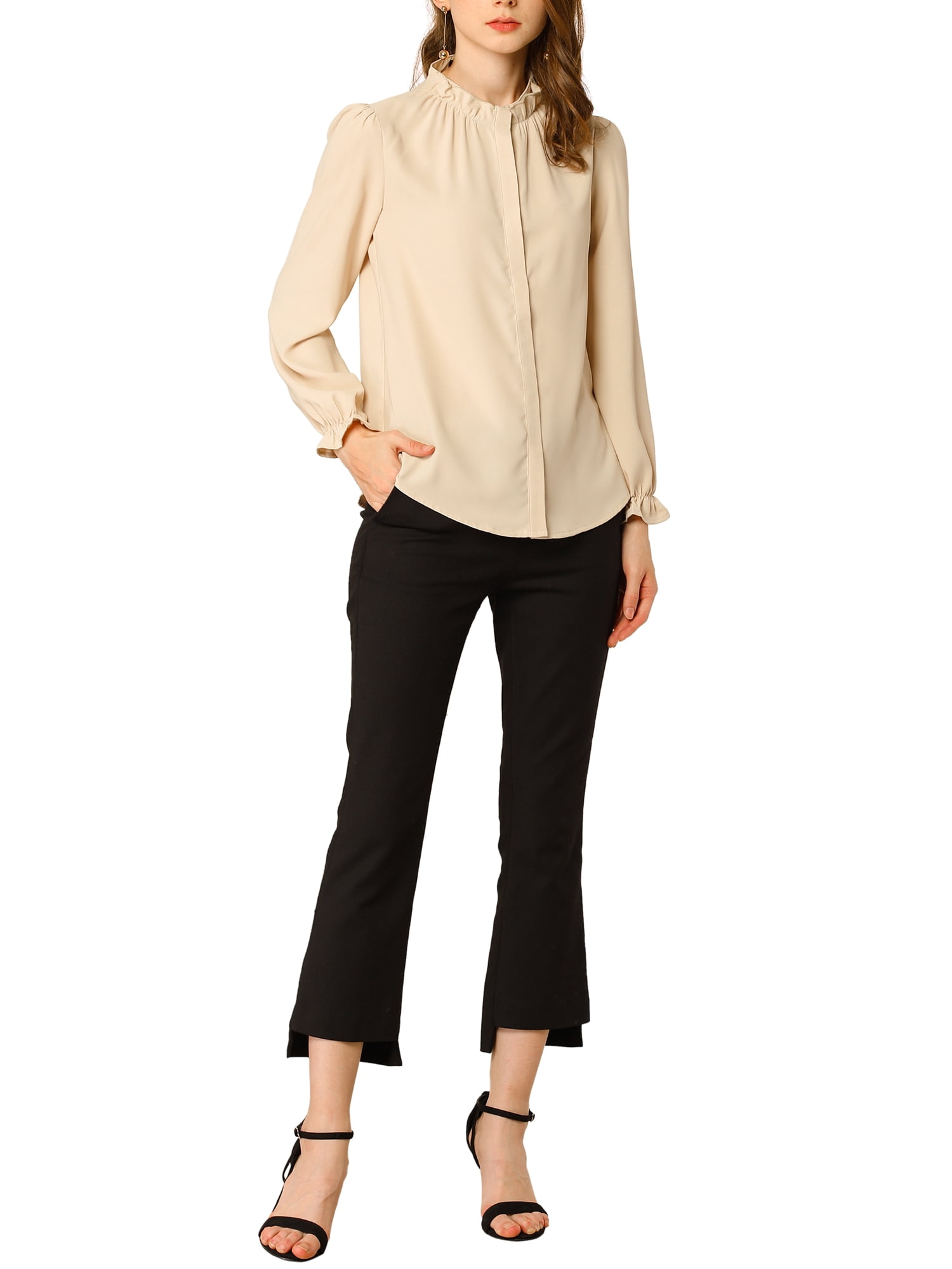 DARING DIVA Women's Chiffon Stand Collar Ruffled Trim Work Blouse M Apricot