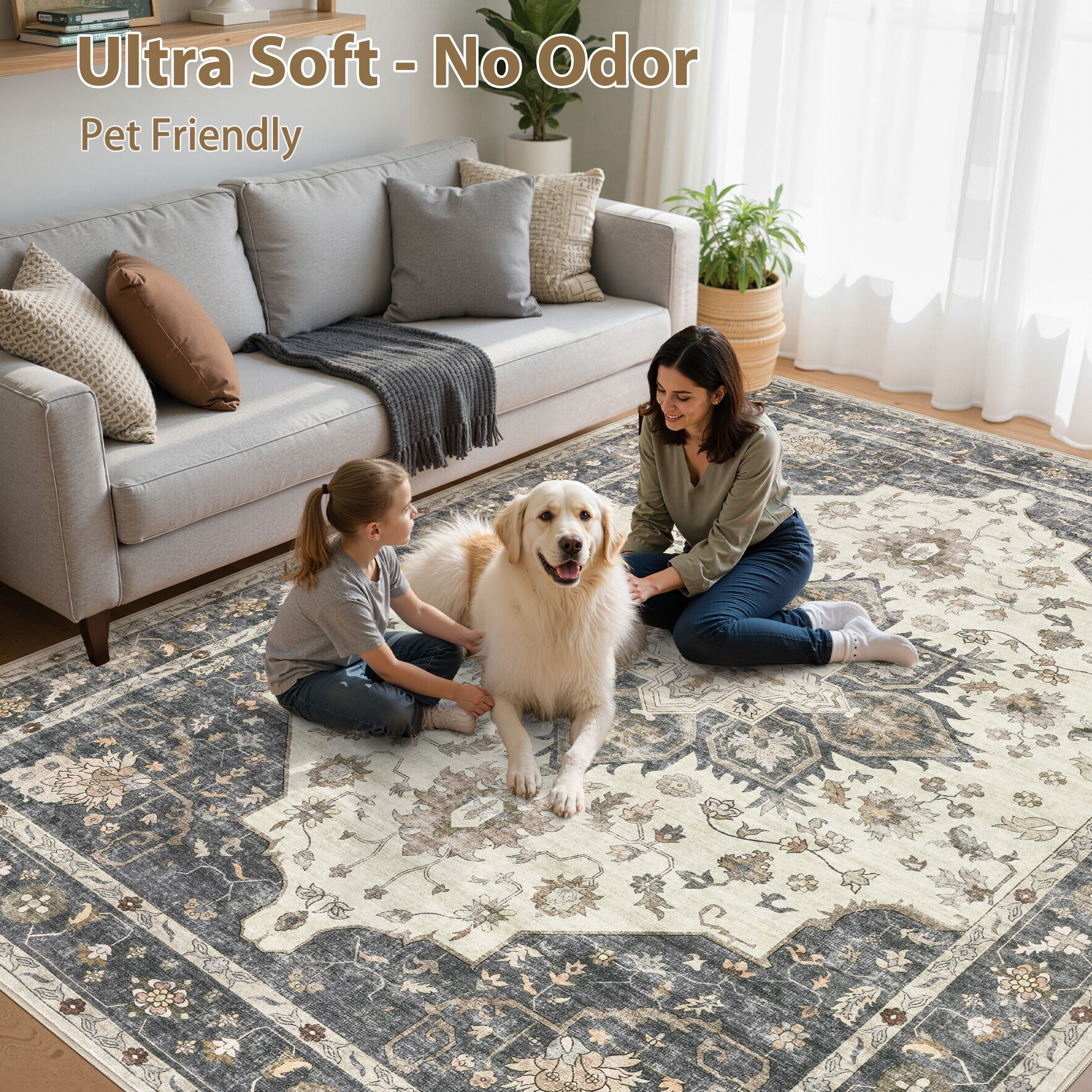 Uermei 9'x12' Large Area Rug for Living Room: Non-Slip Washable Stain Resistant Foldable Carpet for Bedroom Dining Room Office Home Decor - Beige Blue
