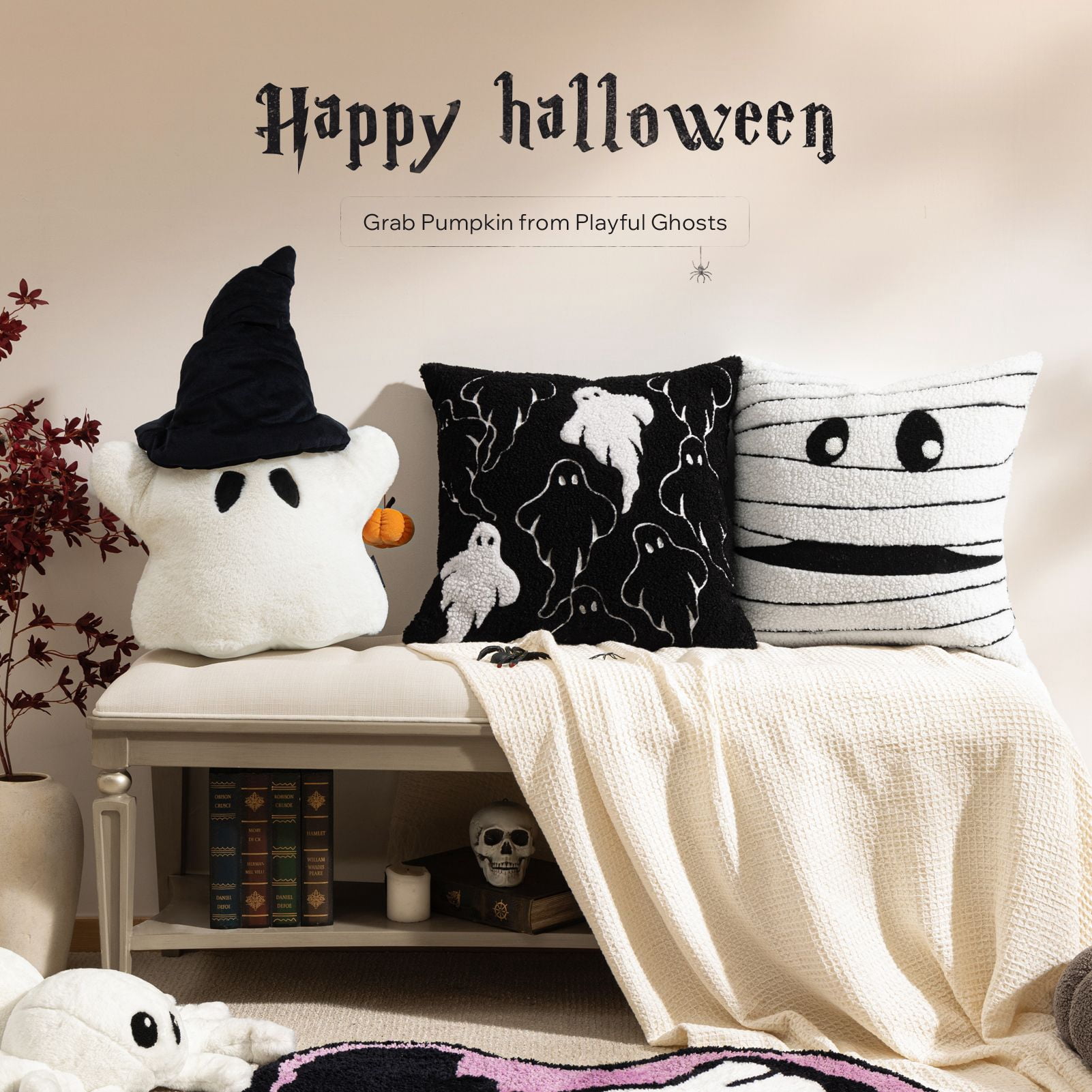 Phantoscope Halloween Ghost Shaped Throw Pillow, 3D Pumpkin Design, Soft Faux Rabbit Fur Decorative Pillow, Spooky Cushion for Couch and Sofa, White, 20 x 16 in