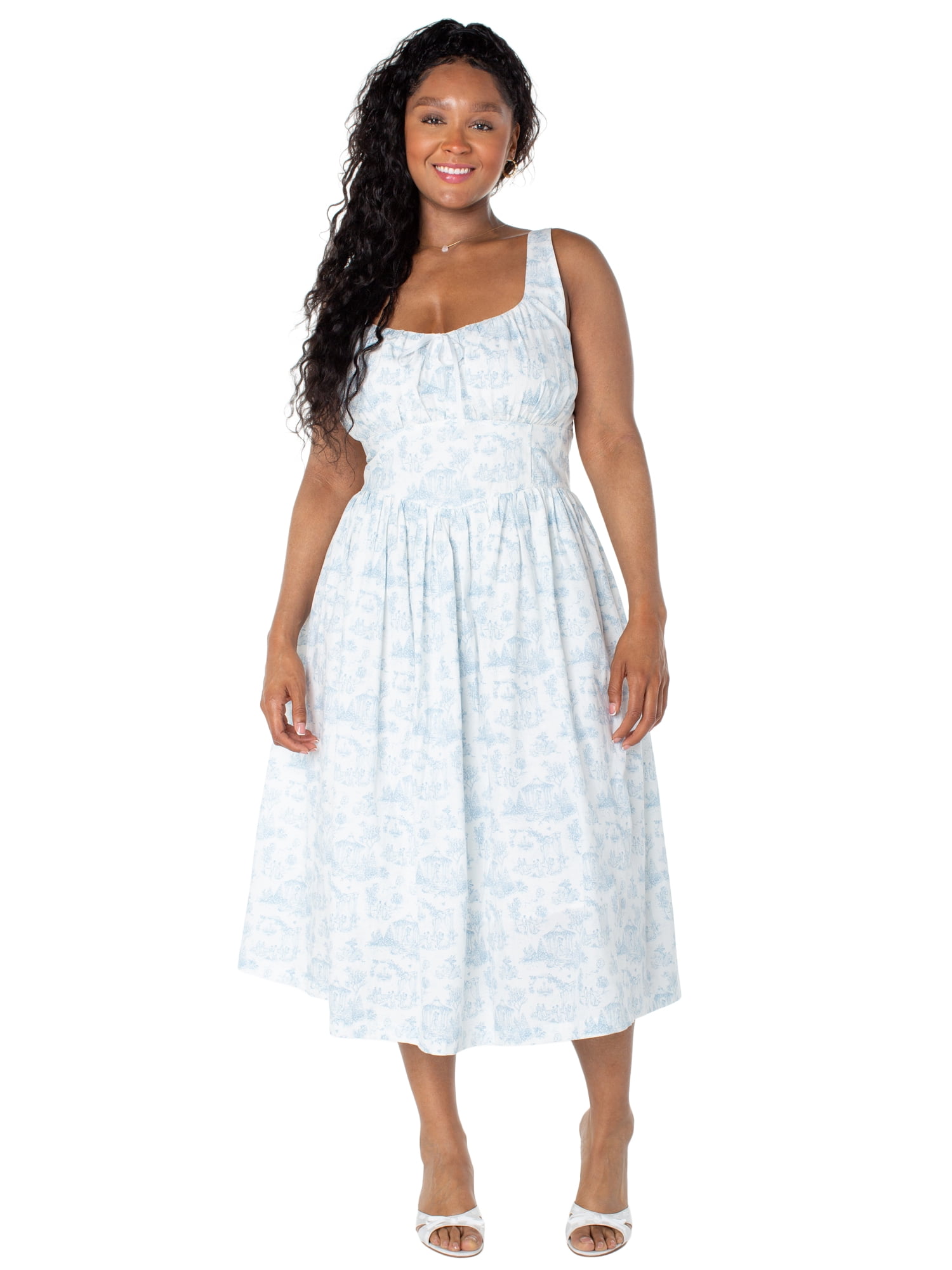 Bridgerton Celebrity Pink Women's and Women's Plus Basque Waist Midi Toile Dress, Sizes XS-4X