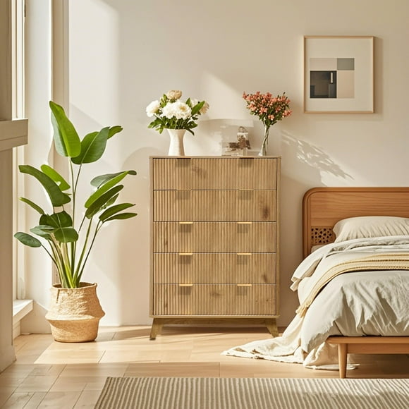 EDTara Fluted 5 Drawers Dresser, 48" Tall Modern Chest of Drawers, Curved Profile Design, Wood Drawer Organizer for Bedroom, Living Room, Hallway, Entryway