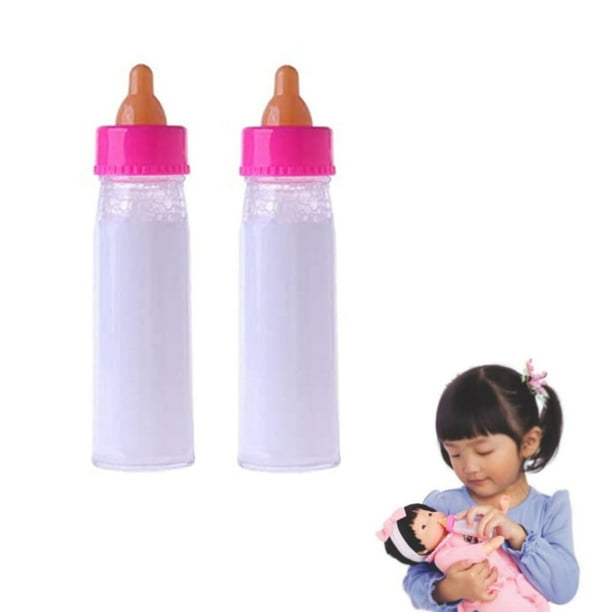Juego de 2 biberones de juguete que desaparecen, biberones para muñecas con leche y jugo que desaparecen, accesorios para muñecas, juguetes para niños y bebés, gran regalo para niñas de 2 a 4 años