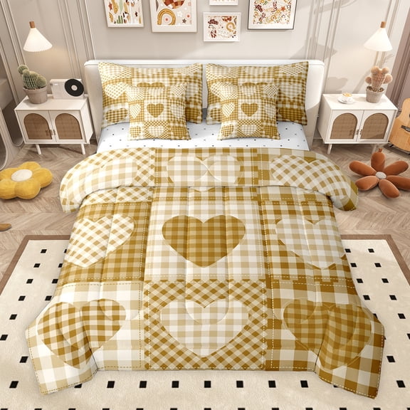 Feelyou Khaki Love Heart Bedding Comforter Set 7pcs for Teens, Cartoon Buffalo Plaid Queen Bedding Sets, Romantic Valentine's Day Reversible Queen Sheet Sets, Ultra Soft Bedroom Decor