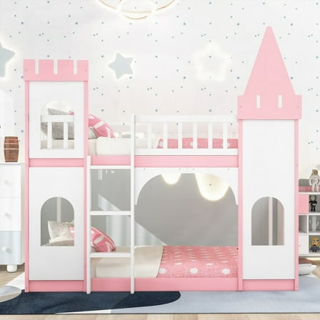 Pink Twin Over Twin Castle Bunk Bed - Sturdy Pine Wood Frame