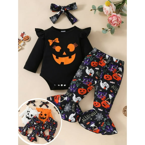 ENFLASH Halloween Cute Ghost Newborn Baby Girl Clothes Infant Romper Fall Winter Outfits Gifts for Girls Bell Bottoms Pant Sets