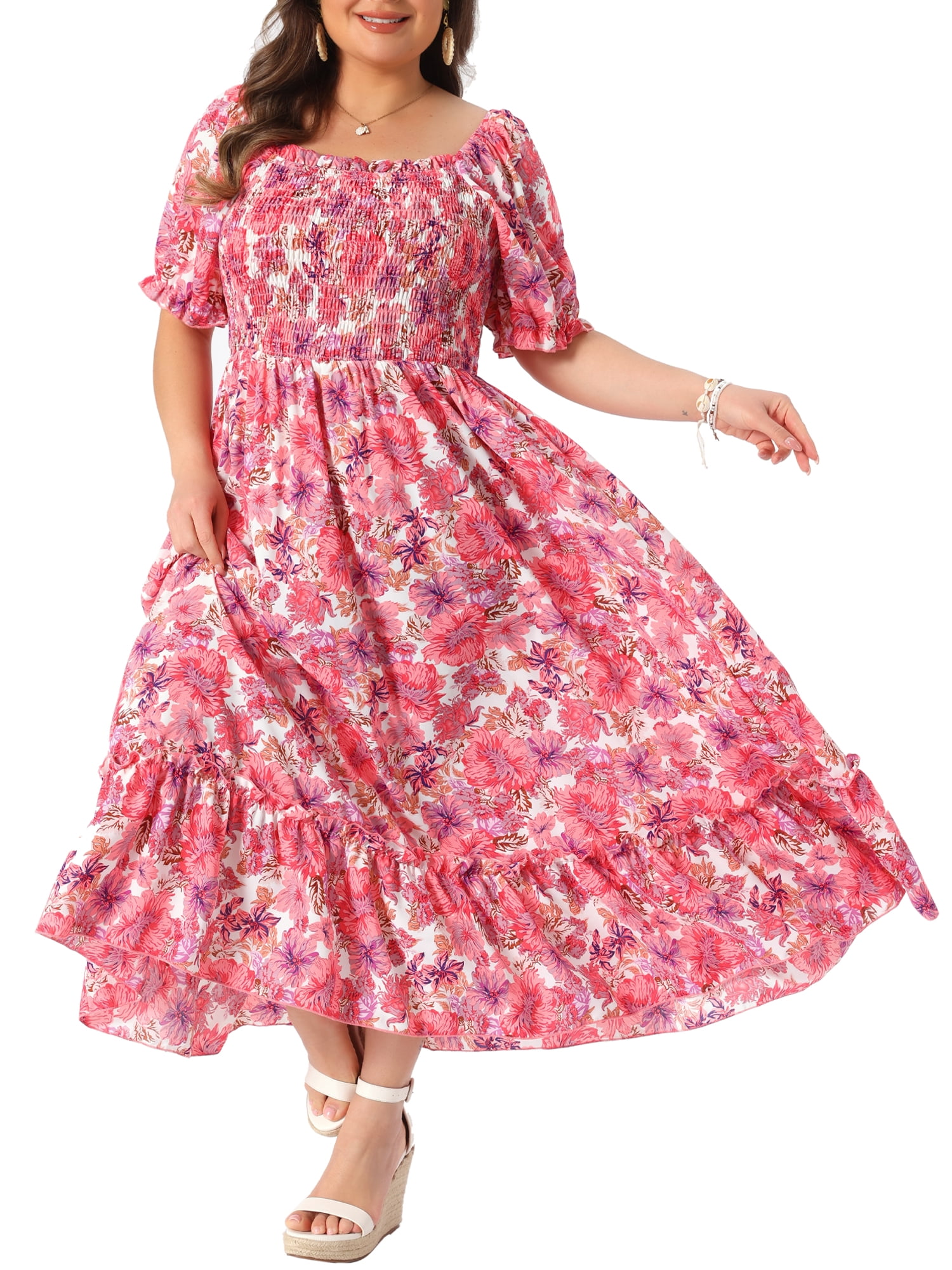 DARING DIVA Women's Plus Size Short Sleeve Square Neck Maxi Floral Dress 2X Hot Pink