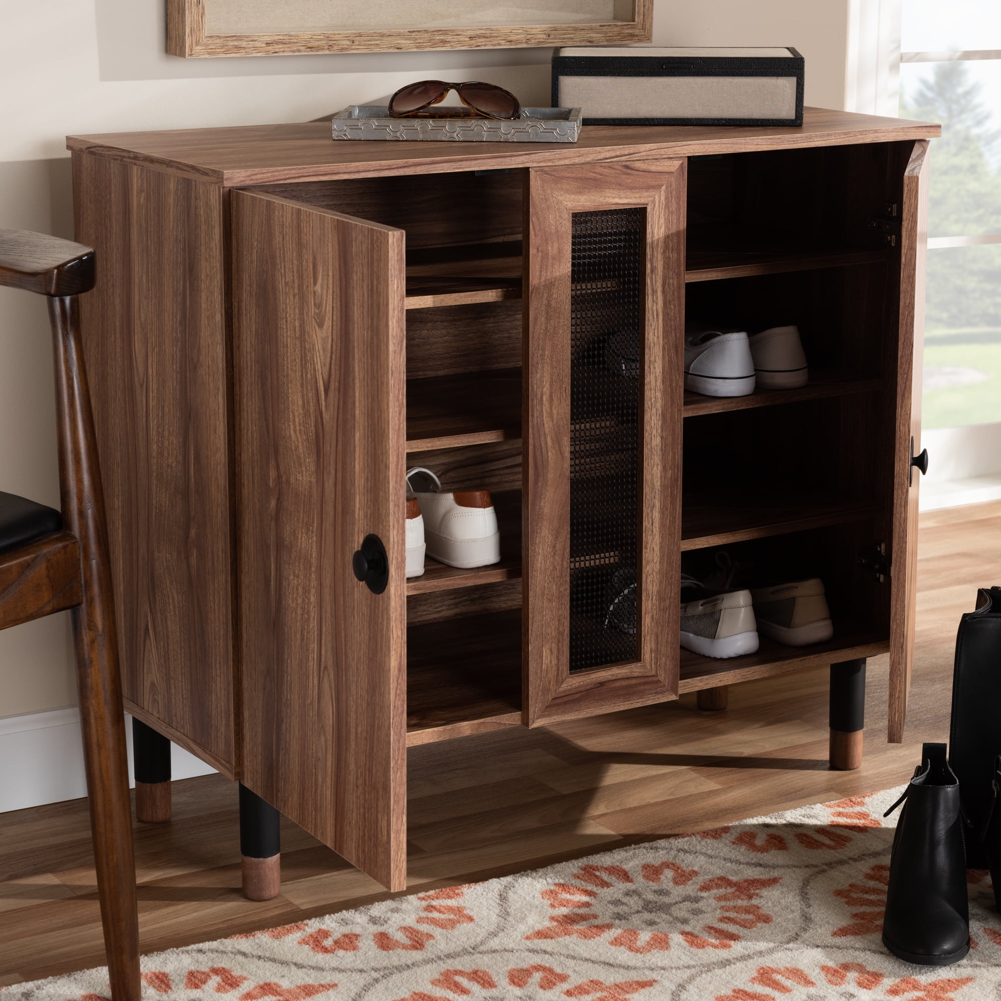 2 Door Valina Wood Entryway Shoe Storage Cabinet Brown - Baxton Studio: Oak Finish, Ventilated, 4 Shelves