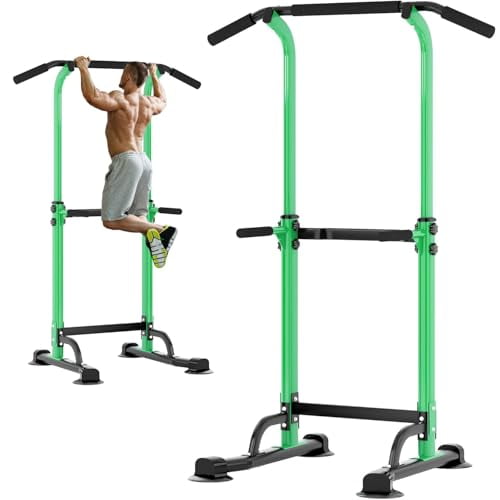 soges Power Tower Pull Up Bar Station, Free Standing Pull Up Rack Dip Station for Home Gym, Height Adjustable Home Strength Training Fitness Workout Equipment, Green