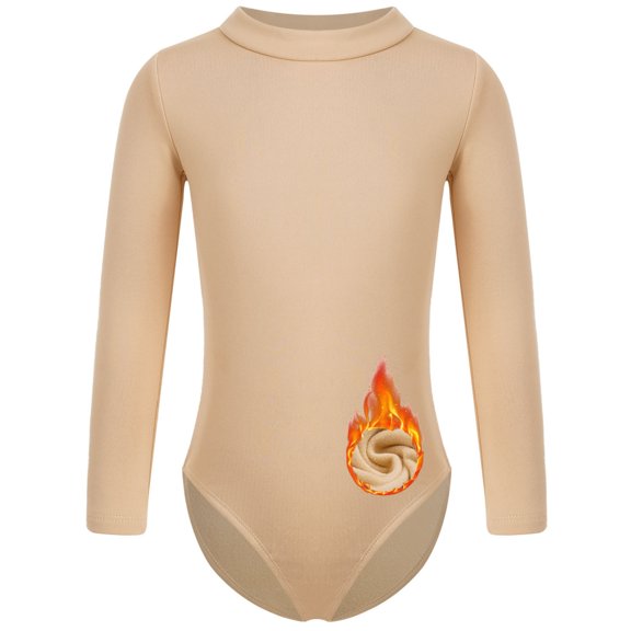 Yruioon Kids Gymnastics Leotards Girls Long Sleeves Nude Fleece Lined Seamless Undergarment Ballet Mock Neck 130