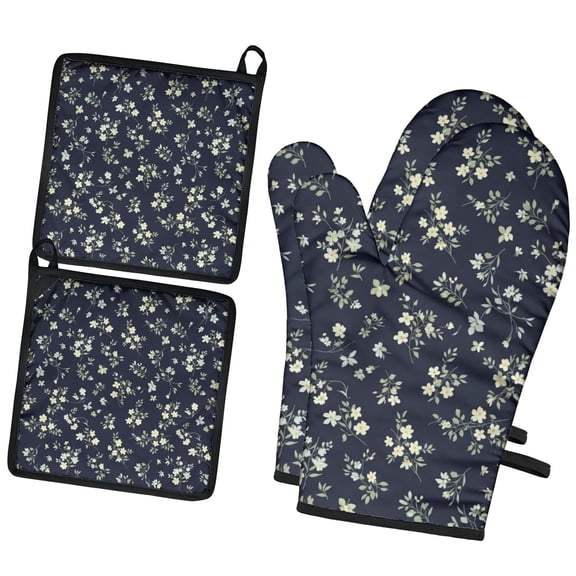 Pioneer Flower Floral Print Pattern 2-Pack Oven Mitts Set, Heat Resistant Kitchen Gloves, 7.7" X 12"