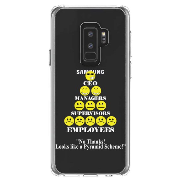 DistinctInk Clear Shockproof Hybrid Case for Samsung Galaxy S9  PLUS (6.2" Screen) - TPU Bumper Acrylic Back Tempered Glass Screen Protector - No Thanks Looks Like a Pyramid Scheme