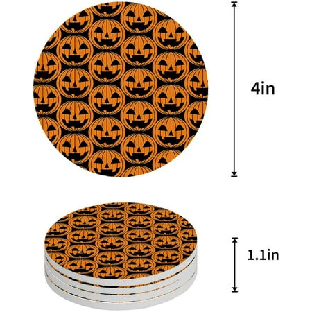 

FMSHPON Halloween Pumpkin Light Set of 4 Round Coaster for Drinks Absorbent Ceramic Stone Coasters Cup Mat with Cork Base for Home Kitchen Room Coffee Table Bar Decor
