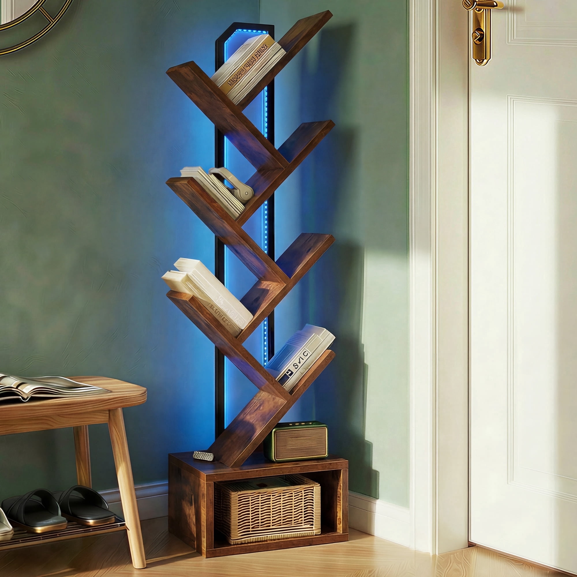Casacomoda 6-Tier Tree Bookshelf with LED Light, Modern Corner Bookcase Display Shelf for Living Room, Bedroom & Home Office, Vintage